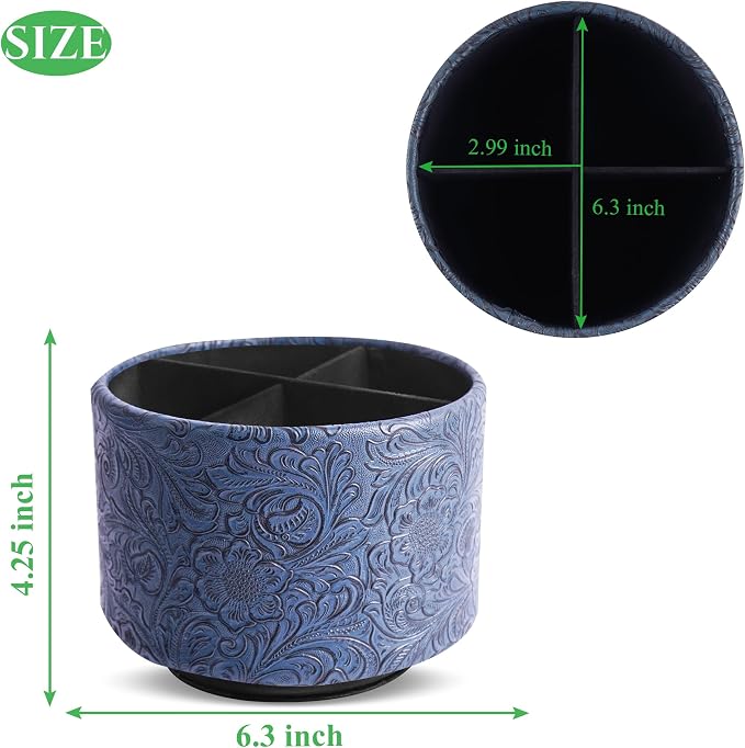 lizimandu Round Leather Art Supply Organizer,Remote Control Holder,360 Degree Spinning,Multi-Functional Pencil Holder,4 Compartments Desktop Stationary Organizer(1-Carved Dark Blue)