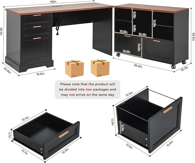 60" Farmhouse Executive Desk and 40" Mobile File Cabinet Combination,L Shaped Executive Desk with Charging Station,Home Office Desk for Office Work,Home Study