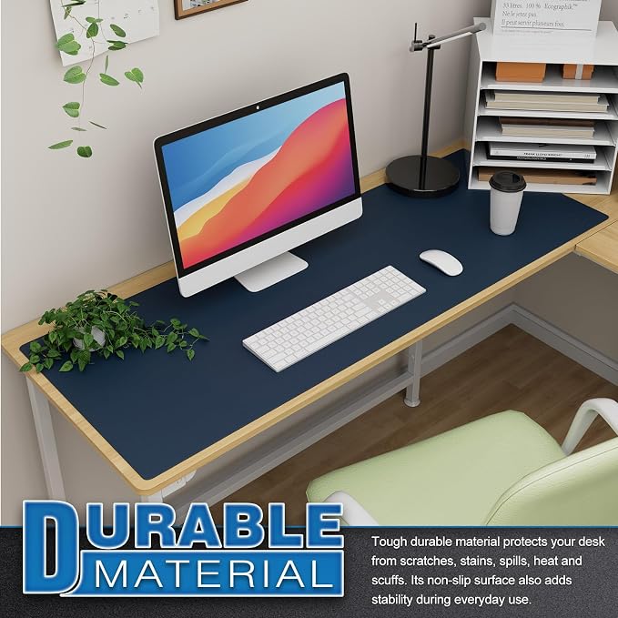 K KNODEL Large Office Leather Desk Mat, Mouse and Keyboard Pad, Computer and Laptop Mat, Desktop Protector and Cover, Writing Pad and Blotter (47.2"x17", Dark Blue)