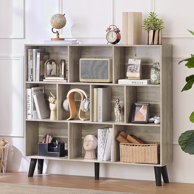 LEYAOYAO 10 Cube Bookshelf,3 Tier Modern Wide Bookcase with Legs,Mid-Century Wood Bookshelves Storage,Retro Grey Large Book Case,Freestanding Organizer Display Shelf for Bedroom,Living Room,Office
