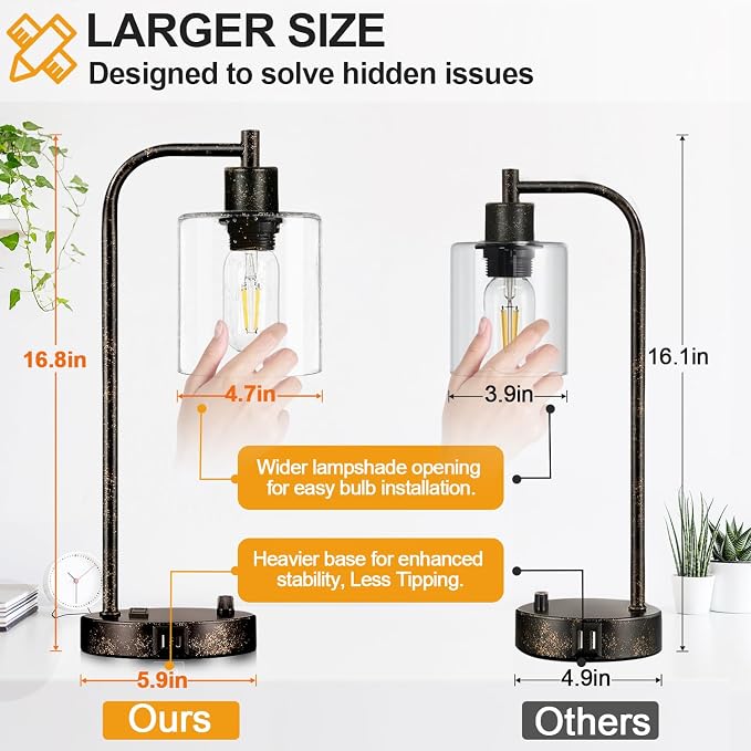 Set of 2 Industrial Table Lamps with USB Port, Rustic Black Fully Stepless Dimmable Bedside Lamps for bedrooms, Nightstand Desk Lamps with Clear Glass Shade for Reading Living Room Office 2 LED Bulb