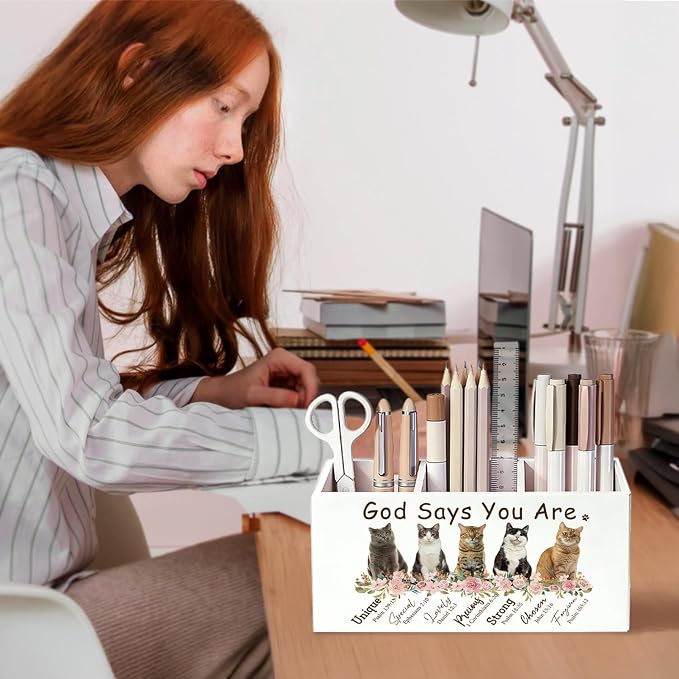 Christian Inspirational Cat Pen Pencil Holder for Desk, Christian Gifts for Women, Cat Lovers Gifts, God Says You Are Bible Verse Wooden Box Sign Decorations for Home Office Desk Tabletop