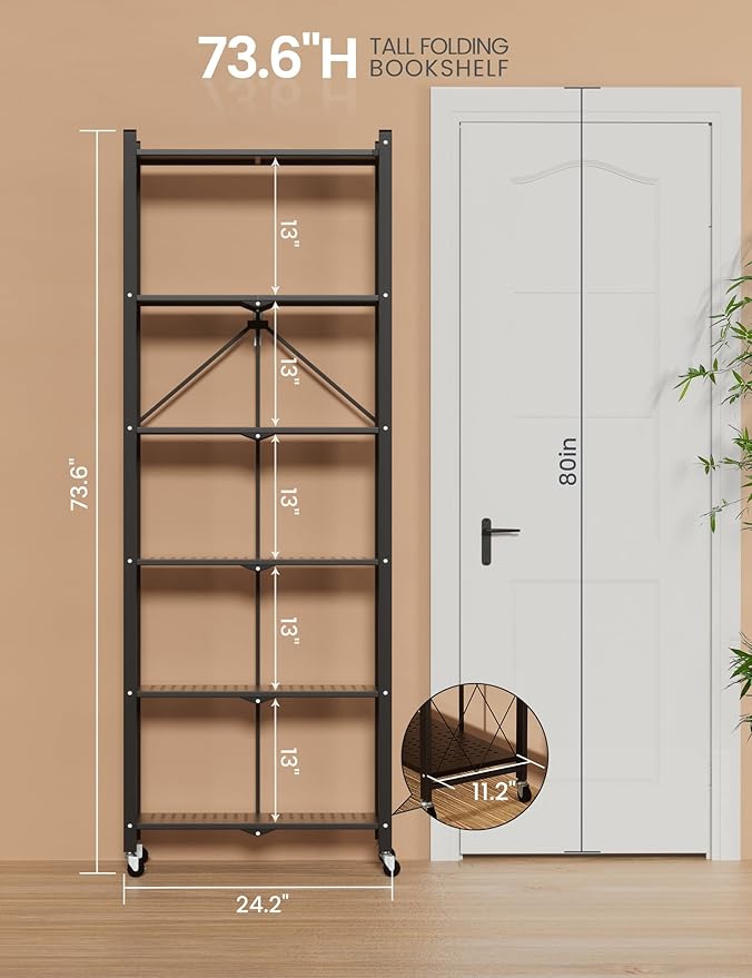 ALANNG 73.6 Inch Folding Bookshelf, 6 Tier Metal Bookcase and Bookshelves, Tall Shelves for Living Room Office Bedroom, Heavy Duty Book Shelve Free Standing Open (Black, 3PACK)