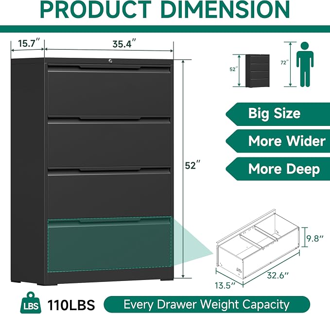 Metal Steel Filling Cabinets for Home Office - 4 Drawer Lockable Lateral File Cabinet for Hanging Files Letter/Legal/F4/A4 Size, Assembly Required - Black