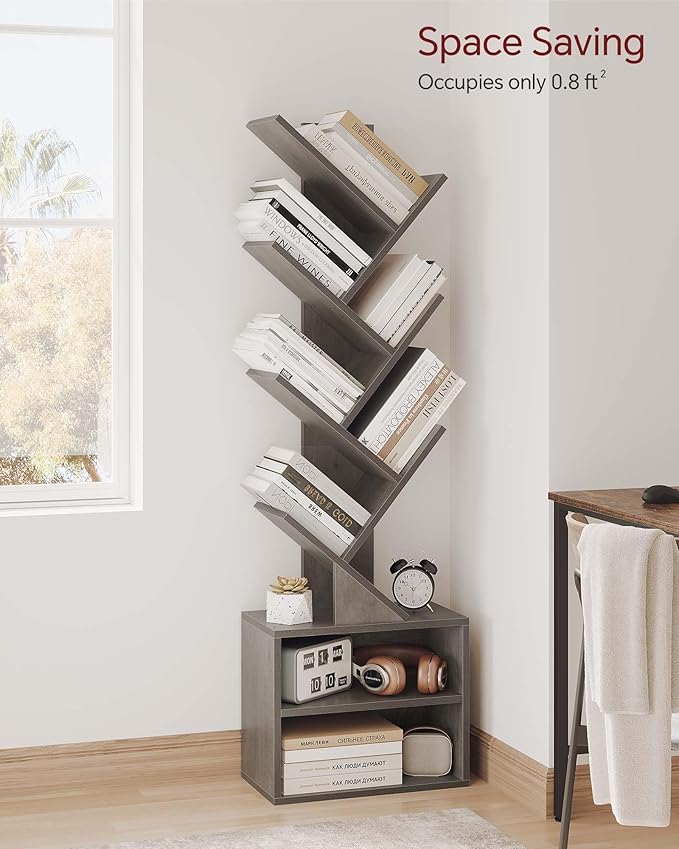 SUNMORY 6 Tier Tree Bookshelf, Tall Bookcase with Storage Cabinet, Modern Narrow Bookshelves Organizer, Floor Standing Book Shelf for Bedroom/Living Room/Home Office/Corner, Grey