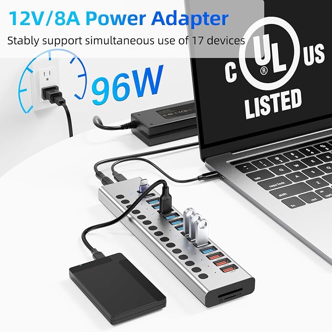 Powered USB Hub 10Gbps, 17 Ports 96W USB 3.2 Hub(10 USB-A 3.2 Ports+3 QC 24W Fast Charging Ports+2 USB-C 3.2 Ports+SD/TF Card Reader), 12V/8A Power Adapter for Laptop, PC, Computer, HDD,Flash Drive