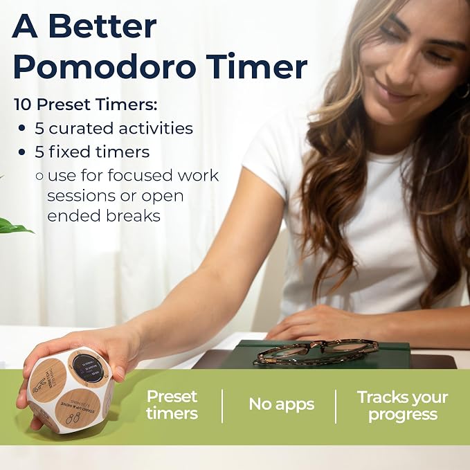 Mindsight Focused Activity Timer & Tracker | Promotes Work Life Balance & Productivity | Pomodoro 'Plus' w/ 5 Fixed timers + 5 curated Wellness Activities | Office Desk Accessory | Mindfulness | ADHD