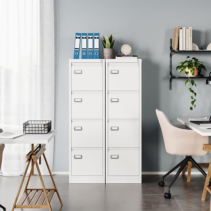 MIIIKO 4 Drawer File Cabinet, White Vertical Filing Cabinets with Lock, Home Office File Folders Storage Cabinet for Letter Legal A4 File Size