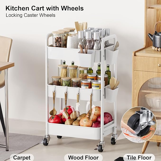 3 Tier Rolling Cart with Wheels, Metal Utility Storage Cart on Wheels, Craft Carts Organizer with Hanging Cups, Hooks, Three Tiered Rolling Carts for Bathroom, Laundry Room, Nursery, Office, White