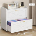 Halitaa Lateral File Cabinet 2 Drawers Mobile File Cabinet with Charging Station for Letter/Legal/A4 Size Hanging Files, Large Wood File Storage Cabinets Printer Stand for Home Office, Simple White