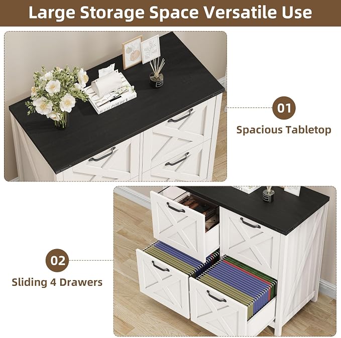 Halitaa Lateral File Cabinet with 4 Drawers, Farmhouse File Cabinet for Letter/A4 Size Hanging Files, Large Wood File Storage Cabinets Printer Stand for Home Office Cabinets, Rustic White and Black