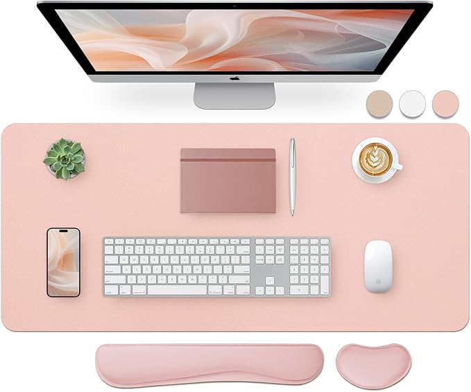 Bloss Large Desk Pad and Keyboard Wrist Rest, Large Mouse Pad + Keyboard Pad+Mouse Wrist Support, Non-Slip Desk Mat Protector for Office, Home (35.4×15.7 Inches,Pink)