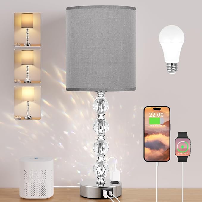 Touch Bedside Crystal Lamps for Bedrooms Nightstand with USB C+A Charging Port and AC Outlet White, 3 Way Dimmable Silver Large End Side Table Lamp for Living/Dinning Room/Kitchen/Bedroom