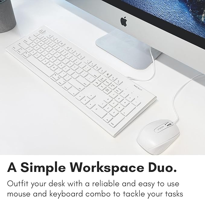 Macally 104 Key USB Wired Keyboard and Mouse Combo with Apple Shortcut Keys for Mac, iMac, Macbook, and Windows PC (MKEYECOMBO), White