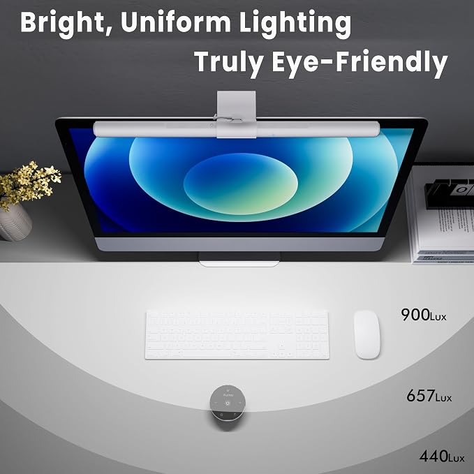 Quntis Monitor Light Bar Pro White, Eye-Care No Glare USB Computer Lamp, Stepless Dimming & Auto-Dimming Brightness, Dual Control, Modern Aesthetic Space Saving Desk Accessories Office Gaming Reading