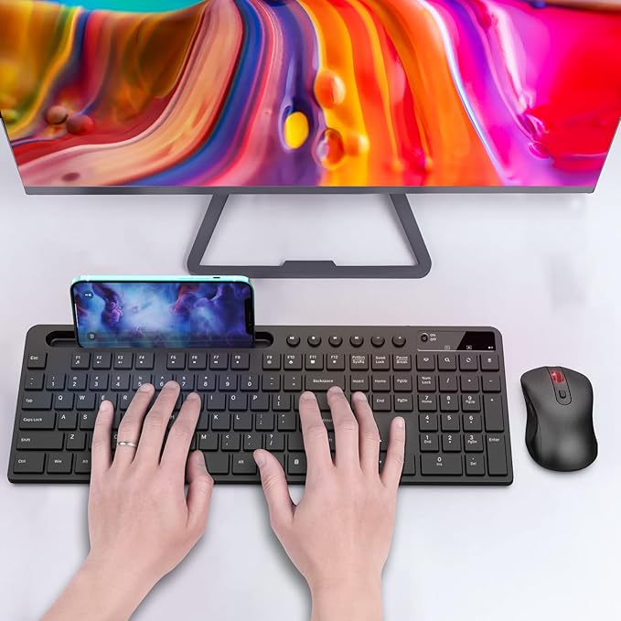 Wireless Keyboard and Mouse Combo, MARVO 2.4G Ergonomic Wireless Computer Keyboard with Phone Tablet Holder, Silent Mouse with 6 Button, Compatible with MacBook, Windows (Black)