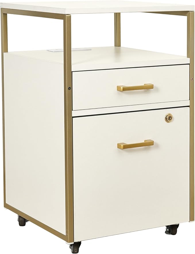 Modern 2-Drawer Rolling File Cabinet with Lock, 2 USB Ports and Power Outlet for Device Charging, Portable File Organizer or Printer Stand for Office or Home with Locking Wheels, White & Gold