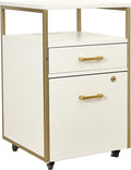 Modern 2-Drawer Rolling File Cabinet with Lock, 2 USB Ports and Power Outlet for Device Charging, Portable File Organizer or Printer Stand for Office or Home with Locking Wheels, White & Gold