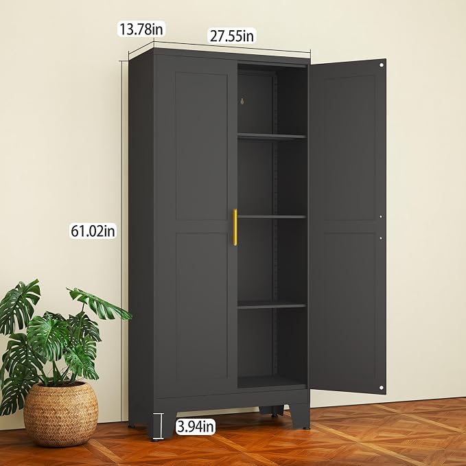 Black Metal Storage Cabinet, 61" Steel Cabinets for Home Office, Kitchen Pantry Storage Cabinet with Doors and 3 Adjustable Shelves, Metal Tool Cabinet, for Office, Home, Garage, School