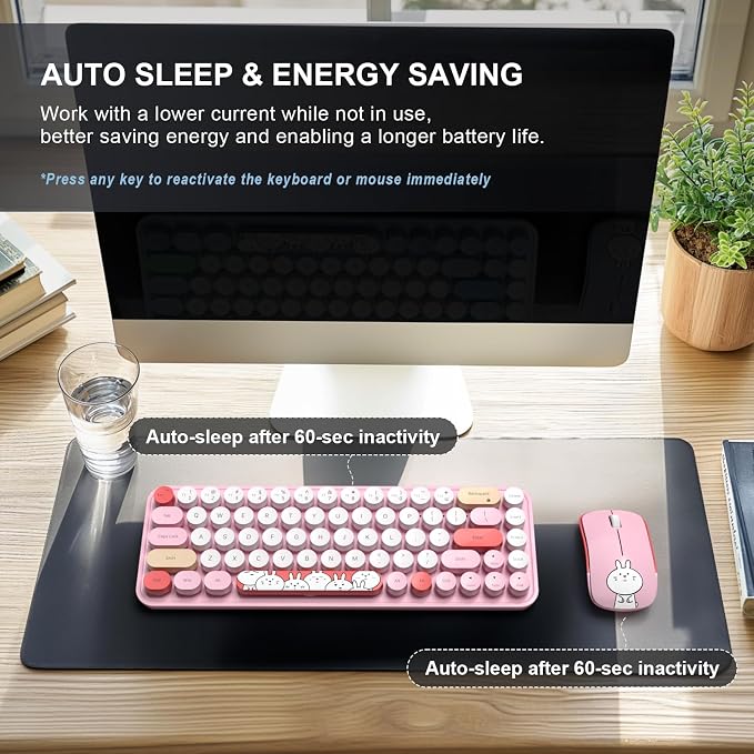 FOPETT Wireless Keyboard and Mouse Cute Mouse and Keyboard 2.4G Wireless Keyboards with Colorful 68 Keys Typewriter Retro Round Keycap for PC, Laptop,Tablet,Computer Windows - Pink Colorful