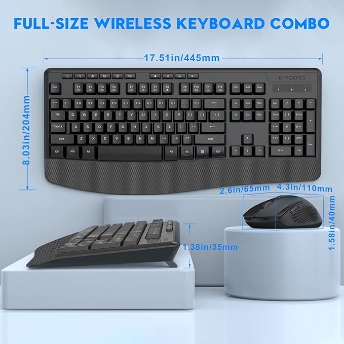Wireless Keyboard and Mouse Combo, E-YOOSO 2.4GHz Full Sized Ergonomic Wireless Keyboard with Wrist Rest, 3 DPI Adjustable and 6 Buttons Cordless USB Mouse for Computer, Laptop, PC, Windows (Black)