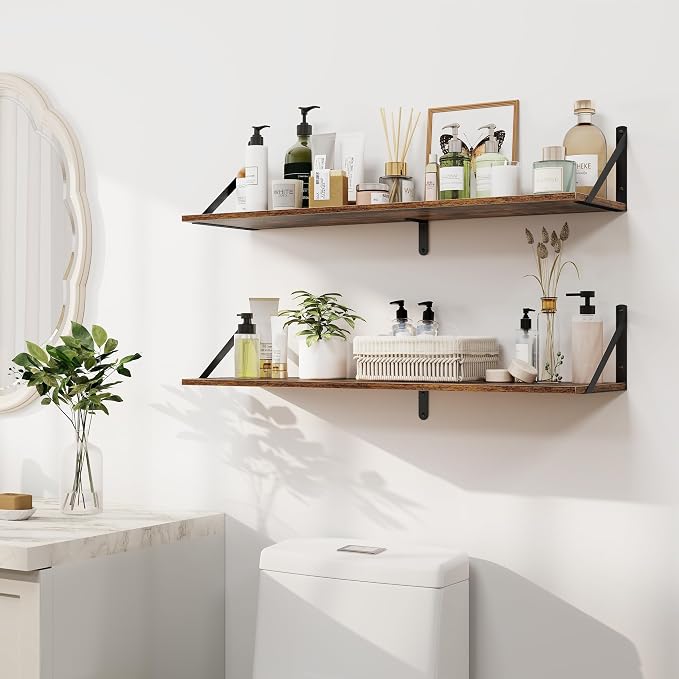 Heimlove Deep Floating Shelves for Wall, 32W x 8D Wood Wall Shelves Set of 2, Wide Floating Bookshelf for Living Room, Kitchen, Office, Bedroom and Decor Storage, with Metal Bracket - Rustic Brown