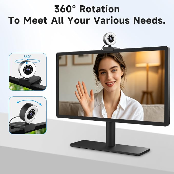 USB HD 4K Video Webcam，with Ring Ligh and Microphoneand Rotatable Tripod& Privacy Cover for PC，, Fast AutoFocus，with Auto White Balance for Video Calls, Live Streaming Gaming & Online Meetings
