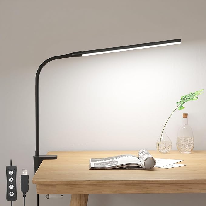 Lepro Clip on Desk Lamp LED Reading light Dimmable USB Small Clamp Lamp with 3 Color Modes 10 Brightness, Adjustable Flexible Gooseneck Table Light for Bed Headboard, Nail, Home Office,Computer(Black)