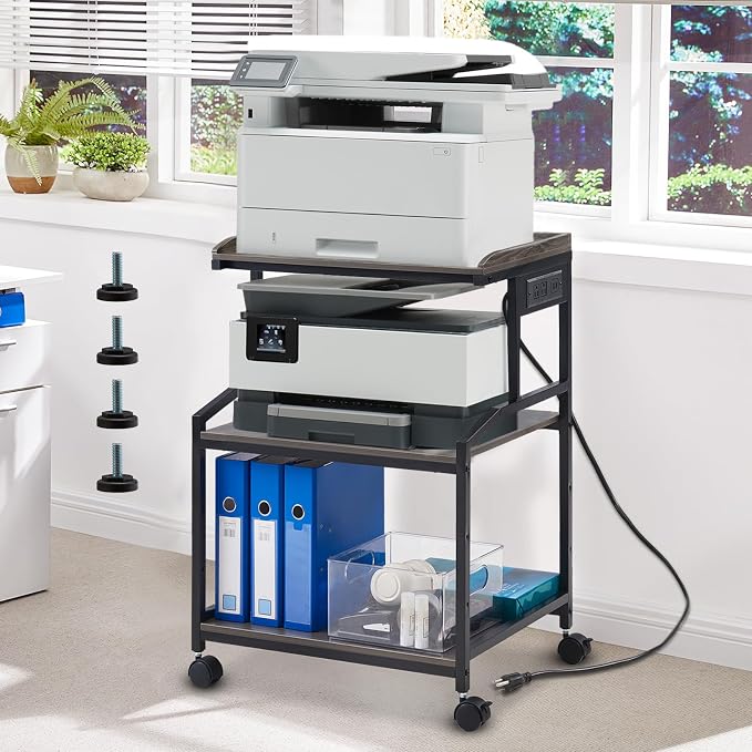 Lauren&Harold 34'' Printer Stand with Power Outlets & USB Ports, 3-Tier Adjustable Rolling Cart, Heavy Duty 150LBS Storage Table with Wheels for Office, Kitchen, Living Room, Grey/Black
