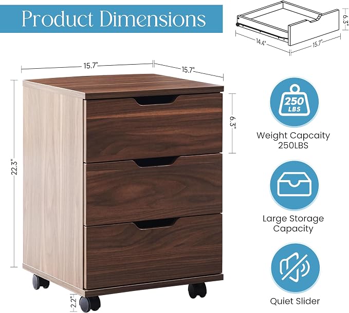 Farini 3-Drawer Under Desk Wooden File Storage Cabinet with Lockable Caster for Home Office,Brown,Required Assembly