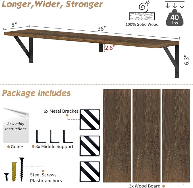 Forbena Floating Book Shelves for Wall Set of 3, 36 Inches Long Wall Bookshelf for Bedroom, Large Wood Heavy Duty Hanging Bookshelves for Books, Living Room Decor, Closet Storage (Rustic Brown)