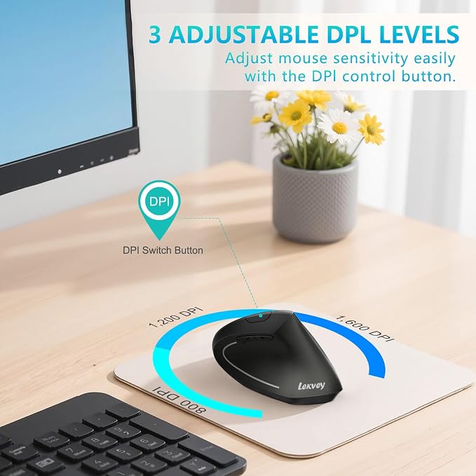 Ergonomic Mouse, LEKVEY Vertical Wireless Mouse - Rechargeable 2.4G Optical Vertical Mice : 3 Adjustable DPI 800/1200/1600 Levels 6 Buttons, for Laptop, Mac, PC, Computer, Desktop, Notebook etc, Black