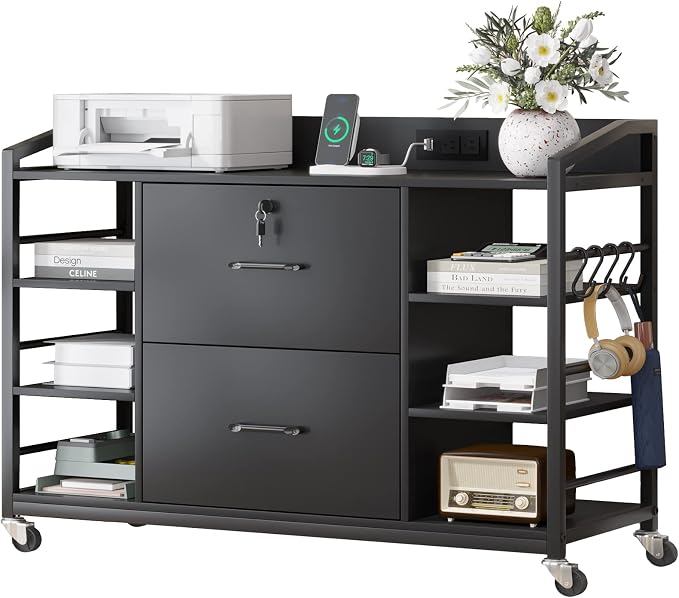 SEDETA 44" File Cabinet, Filing Cabinets fits Legal, Letter, A4 Size, 2 Drawer Office File Cabinet for Home Office with Lock, Power Strip, 6 Adjustable Shelves & 4 Hooks, Black