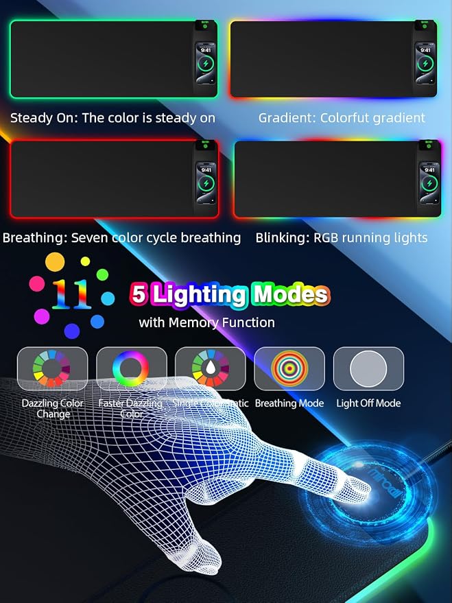 Magnetic Charging Mouse Pad, 31.5x11.81 Inch XL Gaming Mousepad, 11+5 RGB Lighting Modes, Home Office Large Desk Pad with Ultra-Smooth Surface, Non-Slip, Waterproof Keyboard Pad Classic Black Desk Mat