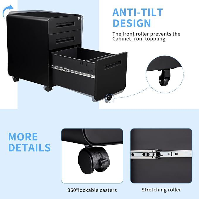 Letaya File Cabinet, 3 Drawer Filing Cabinets for Home Office with Lock Mobile Under Desk Fully Assembled Cabinet (Black)