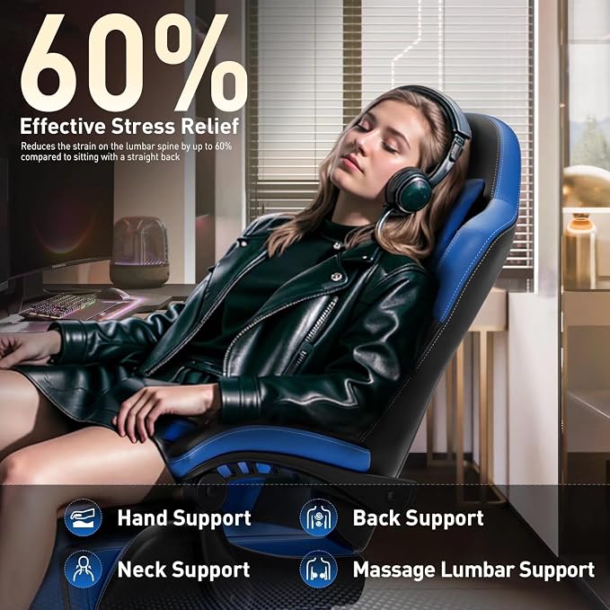 HLDIRECT Gaming Chair, Ergonomic Video Game Seat with 360° Swivel & Lumbar Massage, Computer Chair PU Leather Cushion for Adults Home/Office Use (Black & Blue)