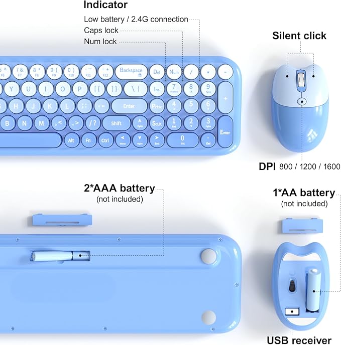 Wireless Keyboard and Mouse Combo, MOWUX Compact Typewriter Retro Round Computer Keyboard, Cute Optical Mouse Wireless, Plug and Play, for Laptop, PC, Computer- Blue Gradient