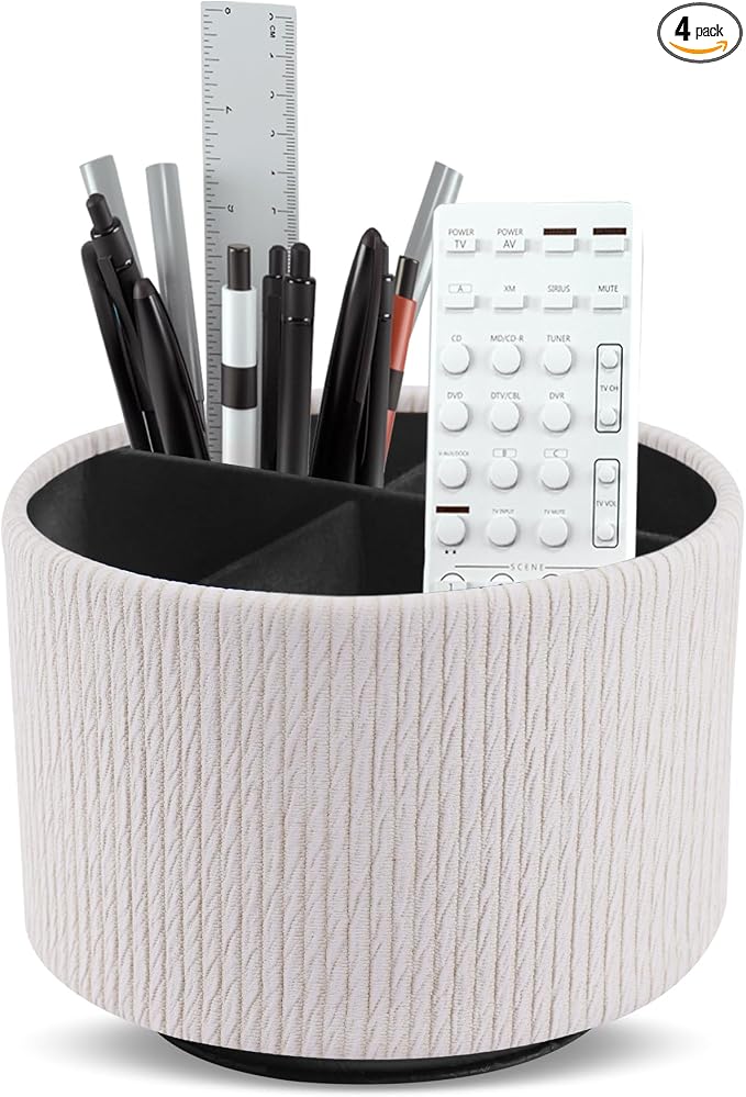 Round Leather Art Supply Organizer,Remote Control Holder,360 Degree Spinning,Multi-Functional Pencil Holder,4 Compartments Desktop Stationary Organizer(1-Wood Beige)