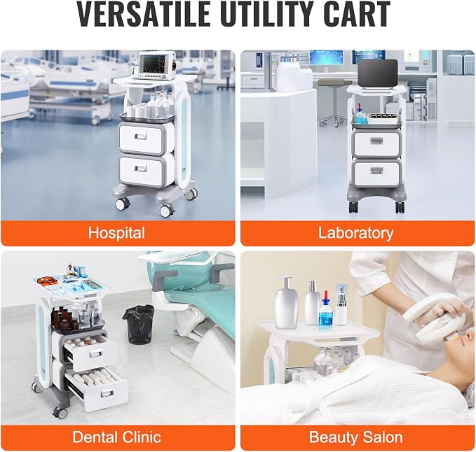 VEVOR 3 Tiers Lab Carts, Lab Utility Cart with 2 Drawers & 1 Top Tray, Mobile Medical Cart with ABS Material, Lab Rolling Cart with 4 Silent Wheels for Lab, Clinic, Hospital, Salon, White
