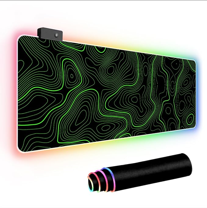RGB Mouse Pad LED Desk Mat Large Gaming Mousepad Black and Green Line Design, Keyboard Pad XL Mouse Mat for Home and Office