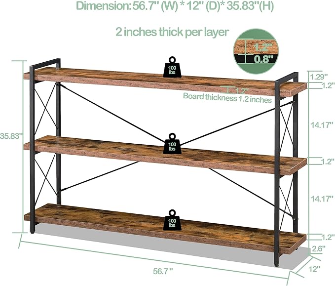 HCHQHS Bookshelf, 3-Tier Long Industrial Bookcase, Rustic Open Book Shelf, Freestanding Horizontal Bookshelves with Metal Frame