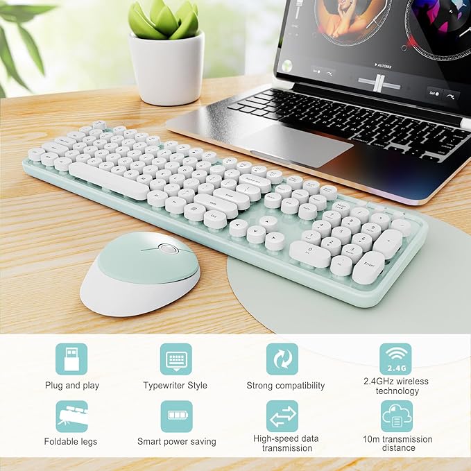 Wireless Keyboard and Mouse Combo, Ergonomic Full Size Typewriter Retro Round Keycaps Keyboard, Compatible with Windows, PC, Perfer for Home and Office Keyboards（Green）