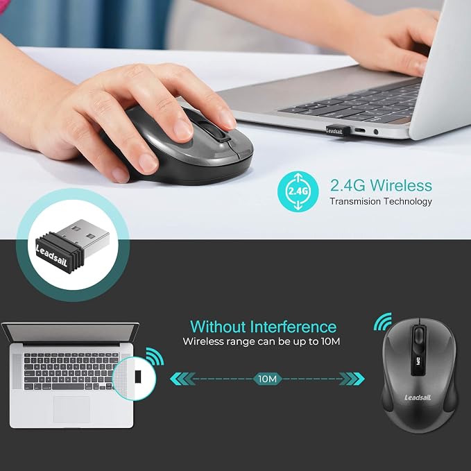 Leadsail Wireless Slim Cordless Mouse, 2.4G USB Mouse for Laptop, Desktop, MacBook - Less Noise, Optical, 4 Buttons