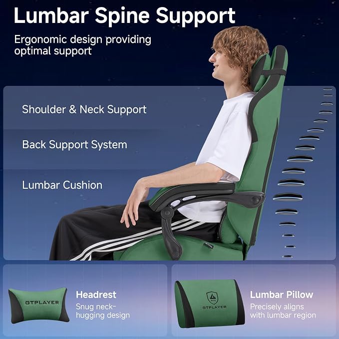 GTPLAYER Gaming Chair, Video Game Chairs with Footrest and Lumbar Support, Computer Chair for Adults with Extended Backrest, Ergonomic Reclining Silla Gamer, Fabric, Green