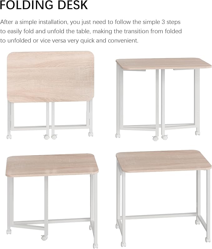 JSB Folding Desk for Small Spaces,Mobile Portable Rolling Laptop PC Table on Wheels,Foldable Computer Desk for Home Office,Bedroom,Dorm,Space Saving (Natural & White, 27.6")