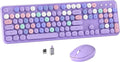 MPTOG Colorful Wireless Computer Keyboard and Mouse Combo with Round Typewriter Keycaps, Retro Design, Power Switch, Ergonomic Design, 2.4GHz Wireless for Windows, Mac, PC(Purple-Colorful)