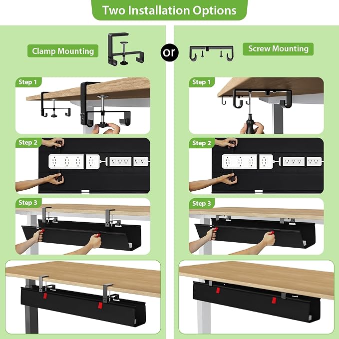 KEEGH Large 36" Under Desk Cable Management Tray - Under Desk Cord Organizer - Clamp/Screw Mount - Support Upto 70lbs - Fabric Wire Management - Gaming/PC Cable Raceways - Cord Hiders for Office/Home