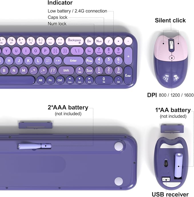 Wireless Keyboard and Mouse Combo, Meidosa 2.4GHz Colorful Full-Size Retro Typewriter Keyboard with Cat Shape 3 Level Adjustable Optical Mouse for PC/Desktop/Laptop/Windows (Purple Gradient)