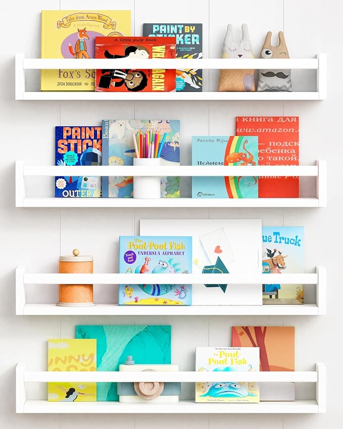 Forbena 24 Inch Wall Bookshelf for Kids Bedroom Set of 4, White Floating Nursery Book Shelves for Baby Toddler Children Girls Boys Room Decor, Large Wood Wall Mount Bookshelves and Toy Storage