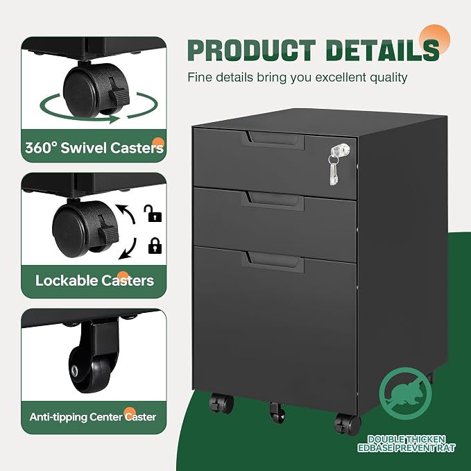 Letaya 3 Drawer Mobile File Cabinet with Lock,Under Desk Metal Small Filing Cabinets for Home Office Organizer Letters/Legal/A4(Fully Assembled Except Wheels-Black)